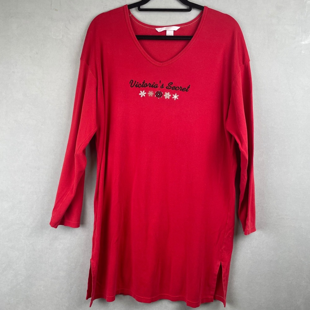 VTG Victoria's Secret Red Long Sleeve Snowflake Sequins Cotton Tunic Top Women M